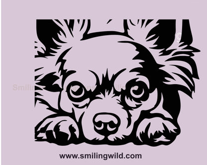 Lying Long haired chihuahua dog svg clip art portrait, dog vector graphic file