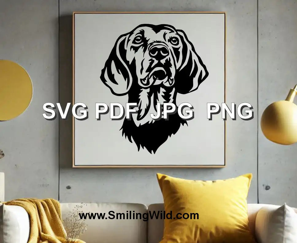 Schiller Hound SVG, PNG, and DXF face vector design for crafting projects and hunting dog-themed laser engraving.