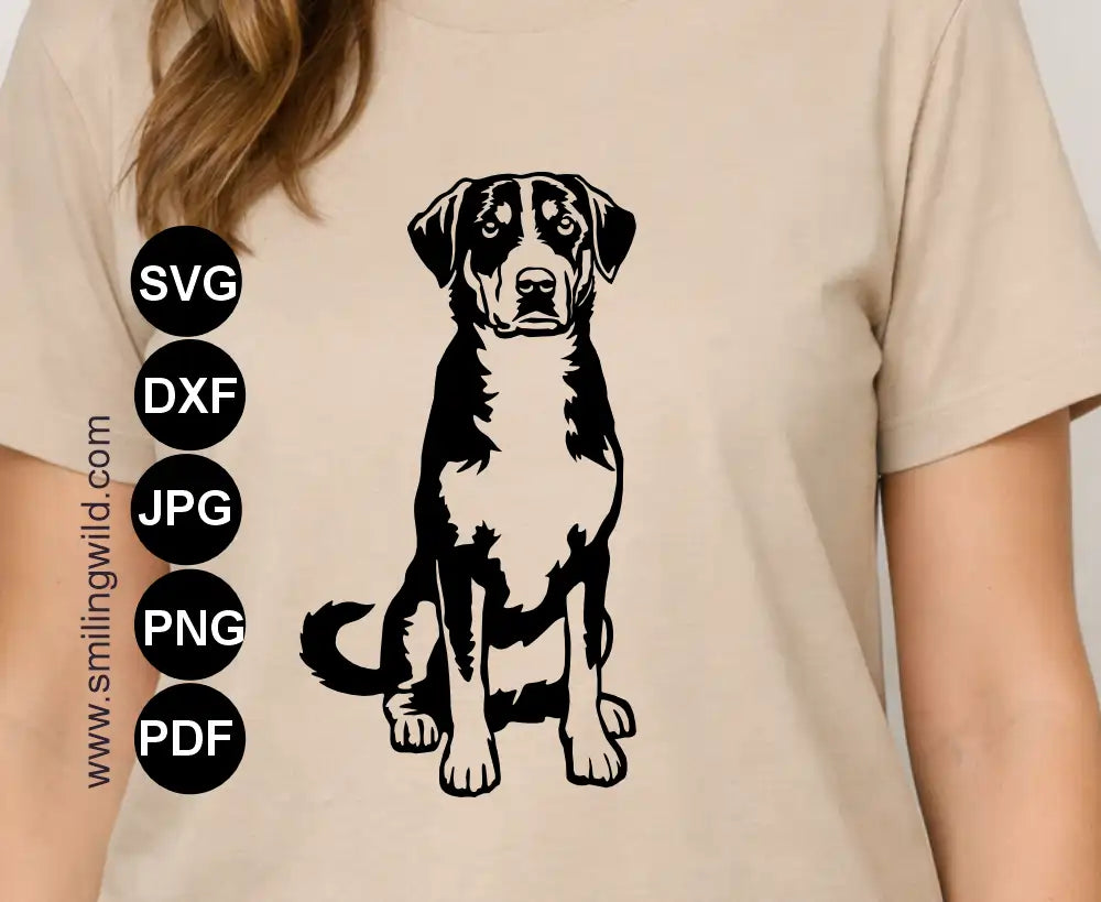 Detailed dog drawing in SVG cutting files for professional laser engraving showcasing a Swiss Appenzeller Sennenhund in sitting position
