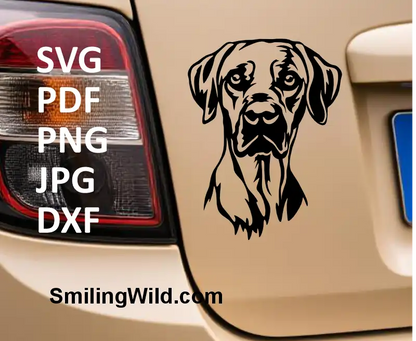 South African Rhodesian Ridgeback dog head line art in SVG PNG DXF for cuttable crafts and engraving machines shown as a car sticker