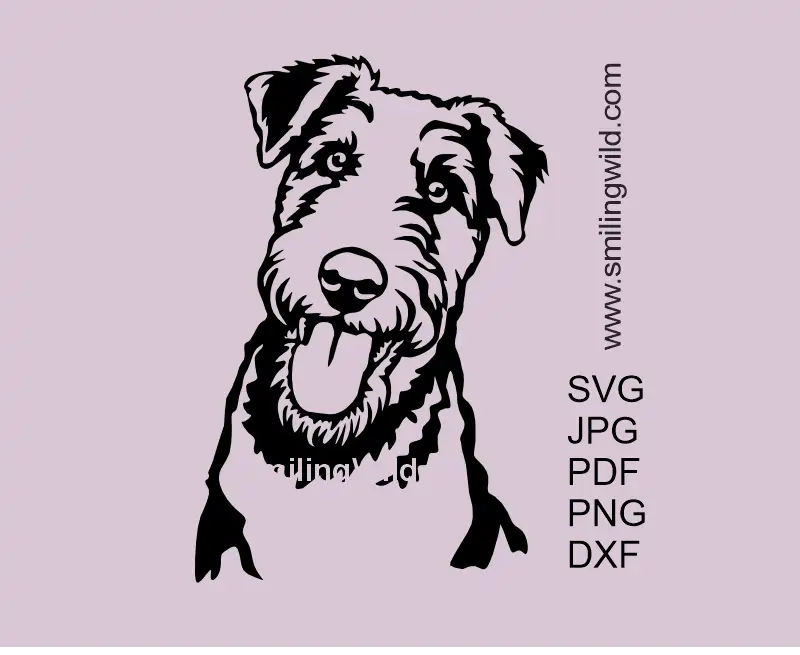 a smiling Airedale Terrier dog SVG face in frontal position created in vector clipart design  (includes PNG and DXF)