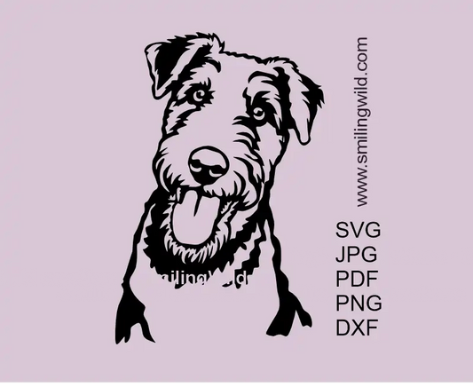 a smiling Airedale Terrier dog SVG face in frontal position created in vector clipart design  (includes PNG and DXF)