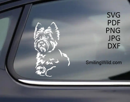 A car window decal of a lying Cairn Terrier white vector graphic cuttable digital design for crafting and engraving