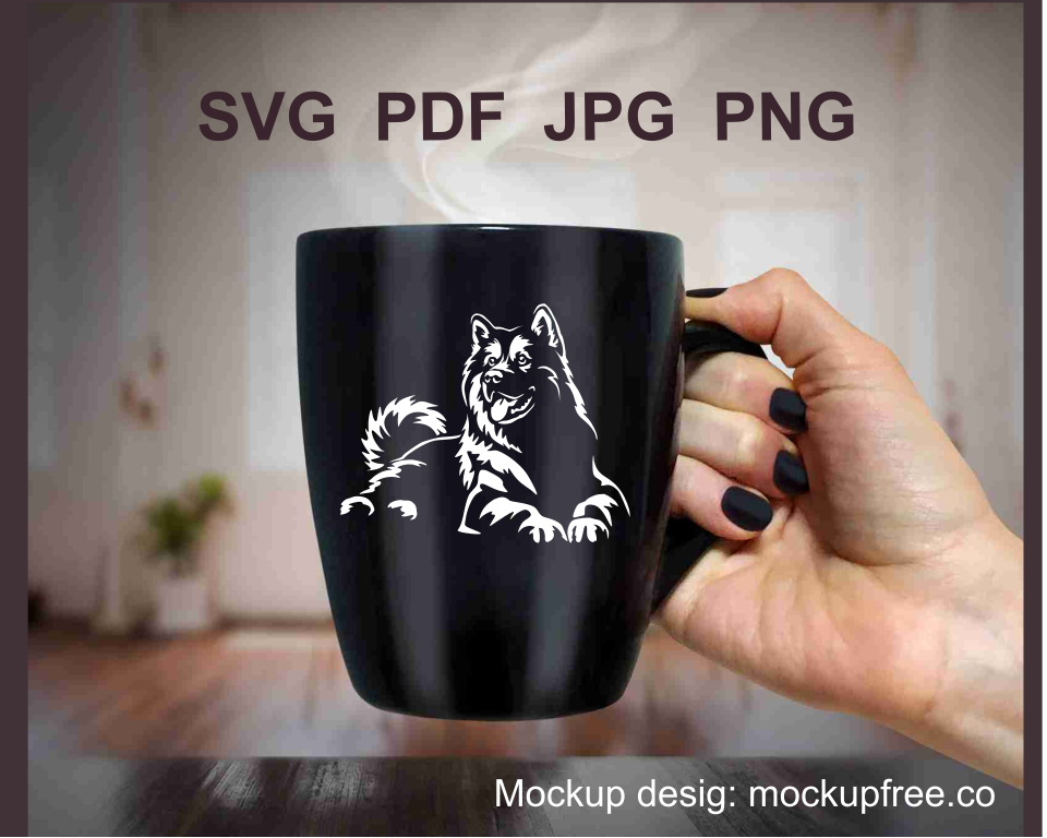 smiling Alaskan malamute printed on a black mug