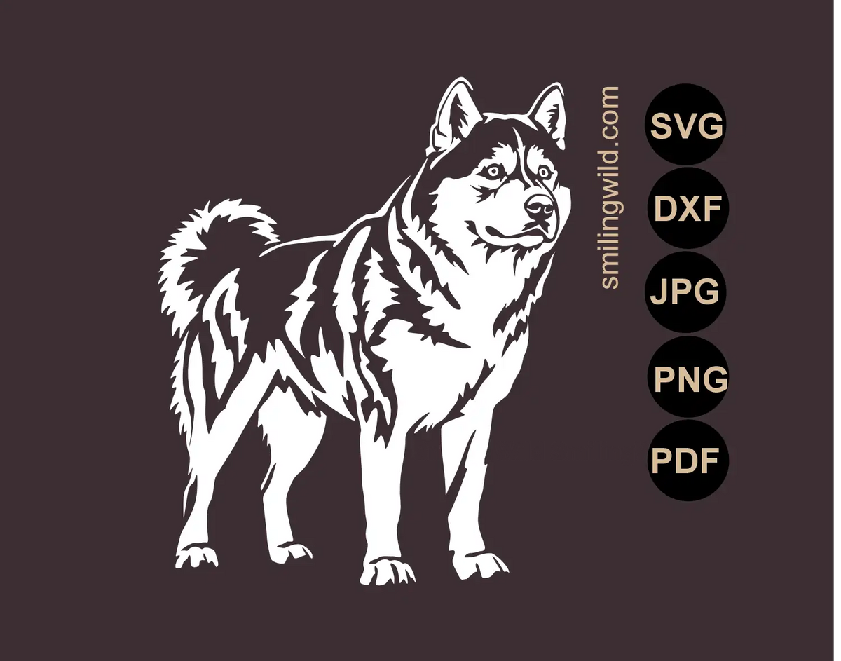 Full body husky svg, png and dxf vector graphic cut file of a dog with alert expression demonstreations a white art for laser, cnc and cricut cutting