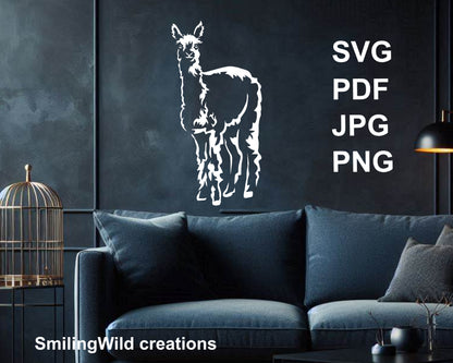 alpaca vector graphic digital design shown as a white decal decorationg a dark blue wall art