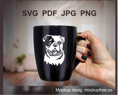 A balck mug with a white image in vector art of an american bulldog face