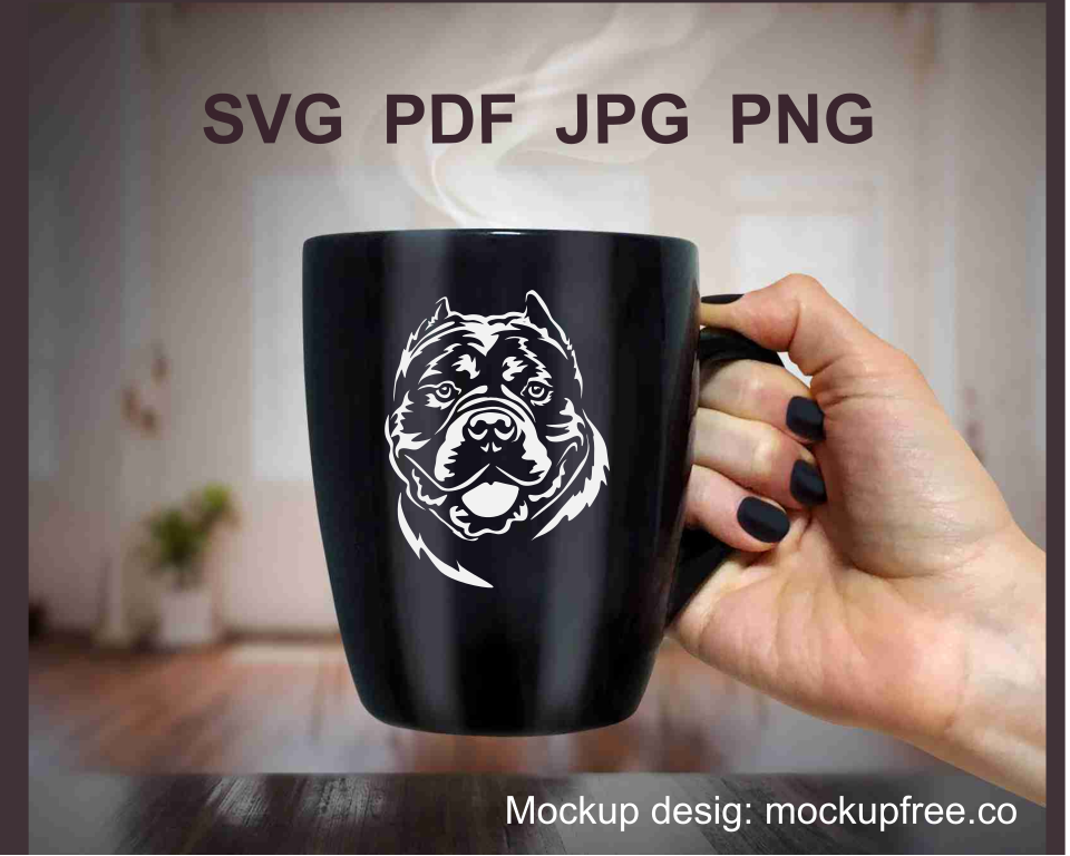 a balck mug with a digital white portrait of american bully