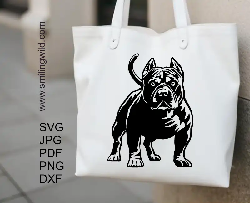 A black color tote bag application of an American Bully clipart SVG PNG DXF black digital cut file for crafts of a ful lbody standing dog.