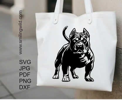 A black color tote bag application of an American Bully clipart SVG PNG DXF black digital cut file for crafts of a ful lbody standing dog.