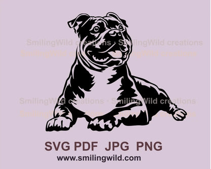 American bully is laying and smiling and drawn in graphic style