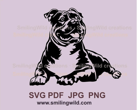 American bully is laying and smiling and drawn in graphic style