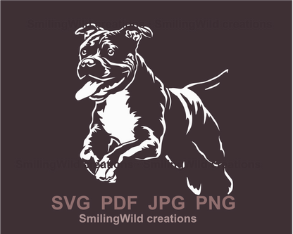 jumping and smiling american pit bull terrier in a white color graphic drawing