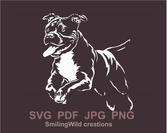 jumping and smiling american pit bull terrier in a white color graphic drawing