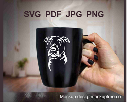 a balck mug with a white graphical image of american staffordshire terrier on it