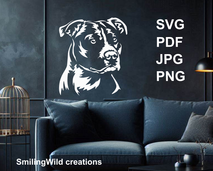 american staffordshire terrier white digital wall art design on a dark wallpaper