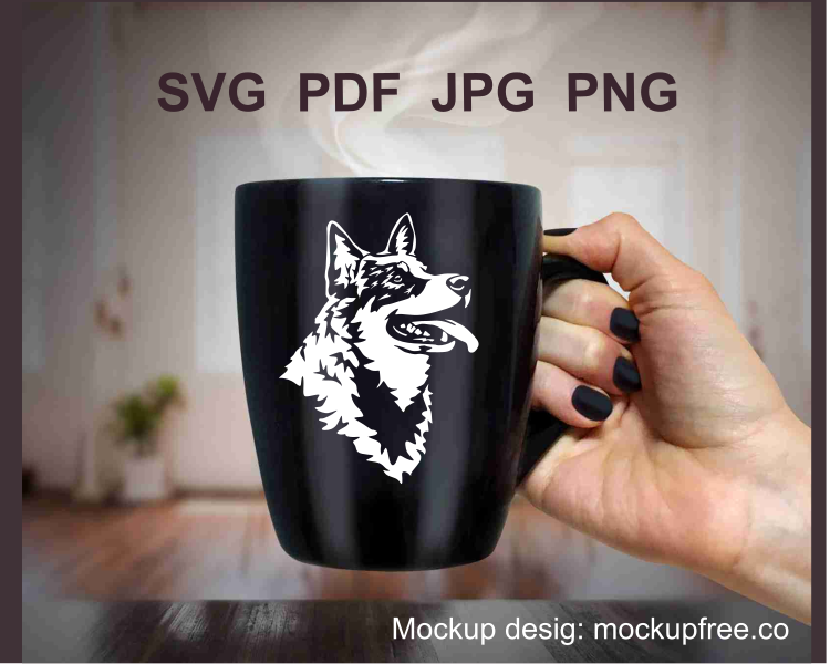 A black mug with a smiling australian cattle dog image on it