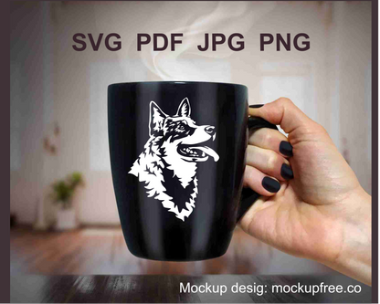 A black mug with a smiling australian cattle dog image on it