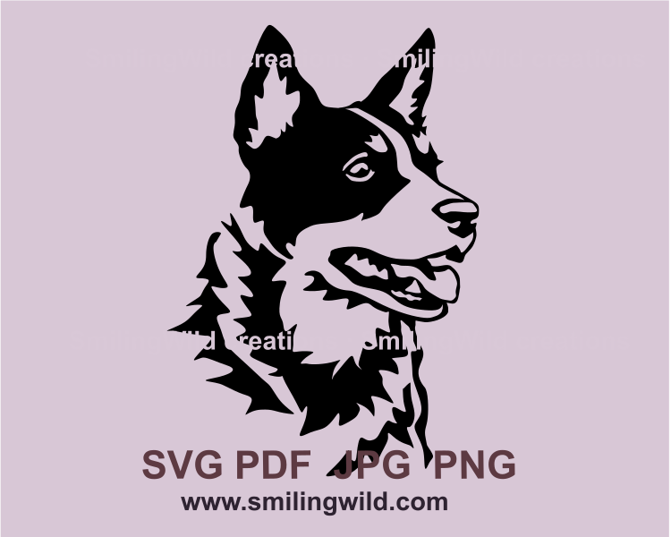 Australian cattle dog portrait in black graphic art with open mouth and tongue out of it