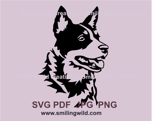 Australian cattle dog portrait in black graphic art with open mouth and tongue out of it