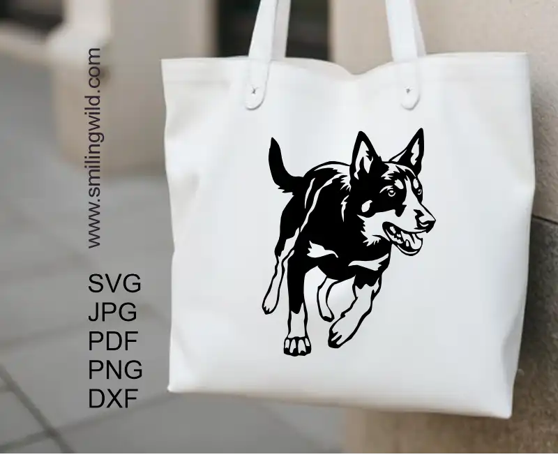 A tote bag design of Australian Kelpie vector graphic design for dark materials, apparel, mugs, and custom projects