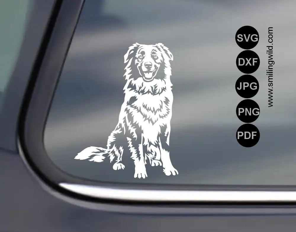 Australian Shepherd white SVG and DXF for adog in sitting position files for Cricut and CNC presented as vinyl car stickers