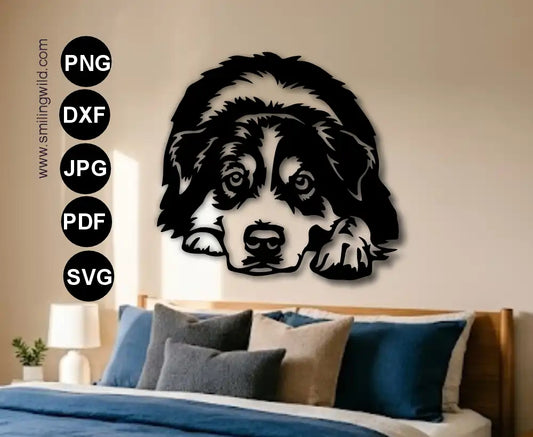 Australian shepherd SVG single piece vector cut file for laser cutting and metal wall art featuring a luing and peeking dog