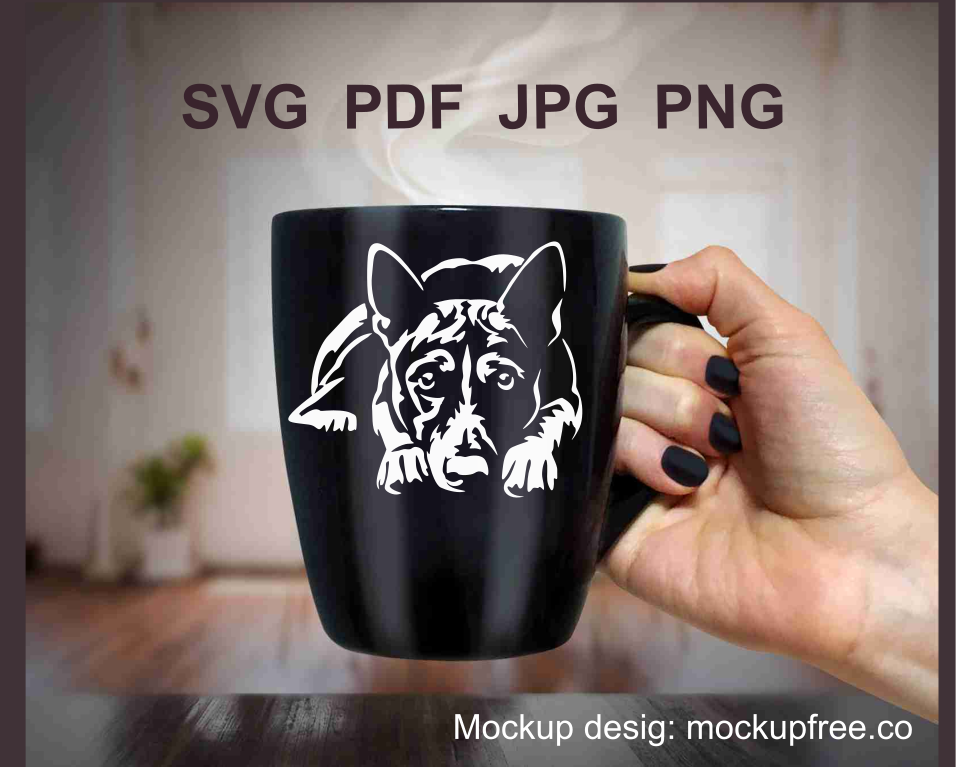 white vector file of basenji dog as a sample on a dark mug