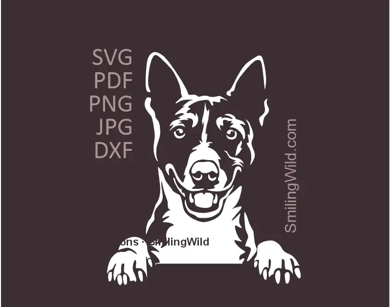 Peeking Basenji dog with a smiling face white SVG PNG DXF vector clipart for Cricut and laser cutting