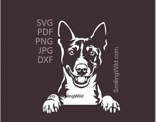 Peeking Basenji dog with a smiling face white SVG PNG DXF vector clipart for Cricut and laser cutting