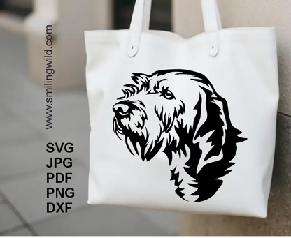 a white tote bag with printed applique of  Digital graphic of Basset Fauve de Bretagne dog – SVG, PNG, DXF files for Cricut or laser design