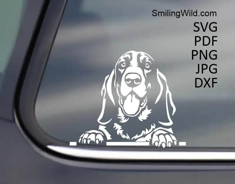 Basset Hound White Vector Graphic on a black surface, demonstrating high-contrast visibility of SVG, DXF files for laser engraving.