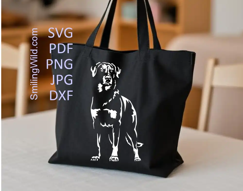 A black tote bag with a white beauceron dog detailed dxf and png graphic drawing visualisation for cutting