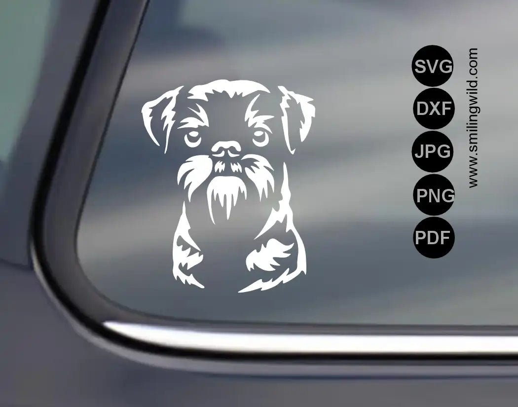Belgian Griffon SVG, png and dxf white vector cut file graphic visualized applied as a light vinyl sticker on a dark tinted car window glass.