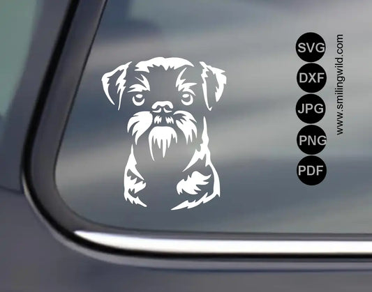 Belgian Griffon SVG, png and dxf white vector cut file graphic visualized applied as a light vinyl sticker on a dark tinted car window glass.
