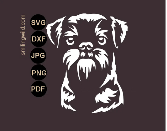 Belgian Griffon SVG white vector cut file portrait drawn as detailed artwork made to display this brussels griffon breed on dark backgrounds.