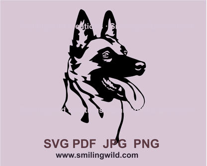 Belgian Malinois SVG, PNG face black clipart, alert Belgian Shepherd military dog digital design preview for Cricut, laser cutting, military dog rustic crafts