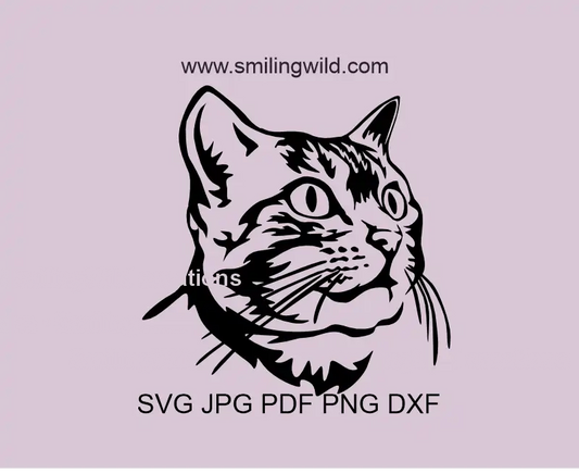 Alert Bengal cat head SVG, PNG, and DXF vector graphic for Cricut crafts, laser cutting, and engraving projects