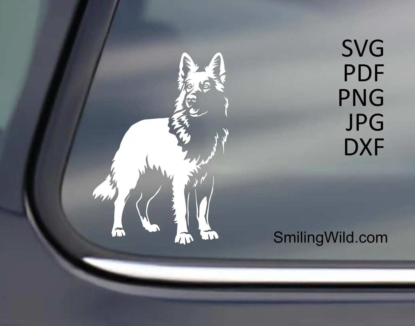 Berger blanc suisse dog DXF clip art design made in white for dark backgrounds prsenting a full body dog  