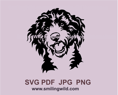 Smiling bernedoodle puppy portrait in graphic line drawing