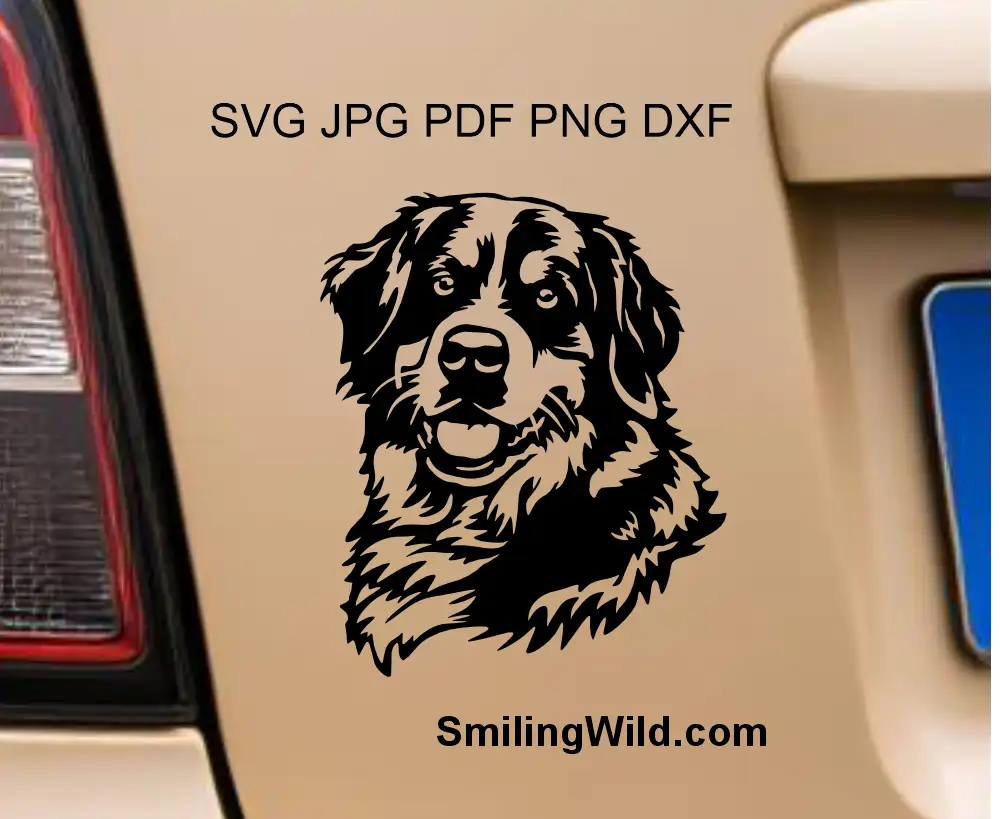 Bernese mountain dog head png and DXF portrait black vector clipart for laser engraving