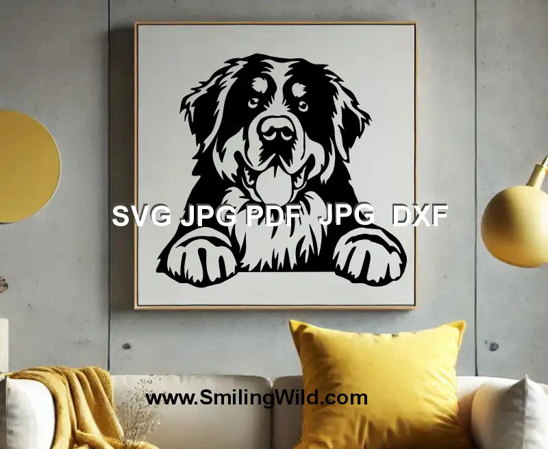 Black vector illustration of Bernese Mountain Dog peeking, ideal for laser engraving and Cricut crafts