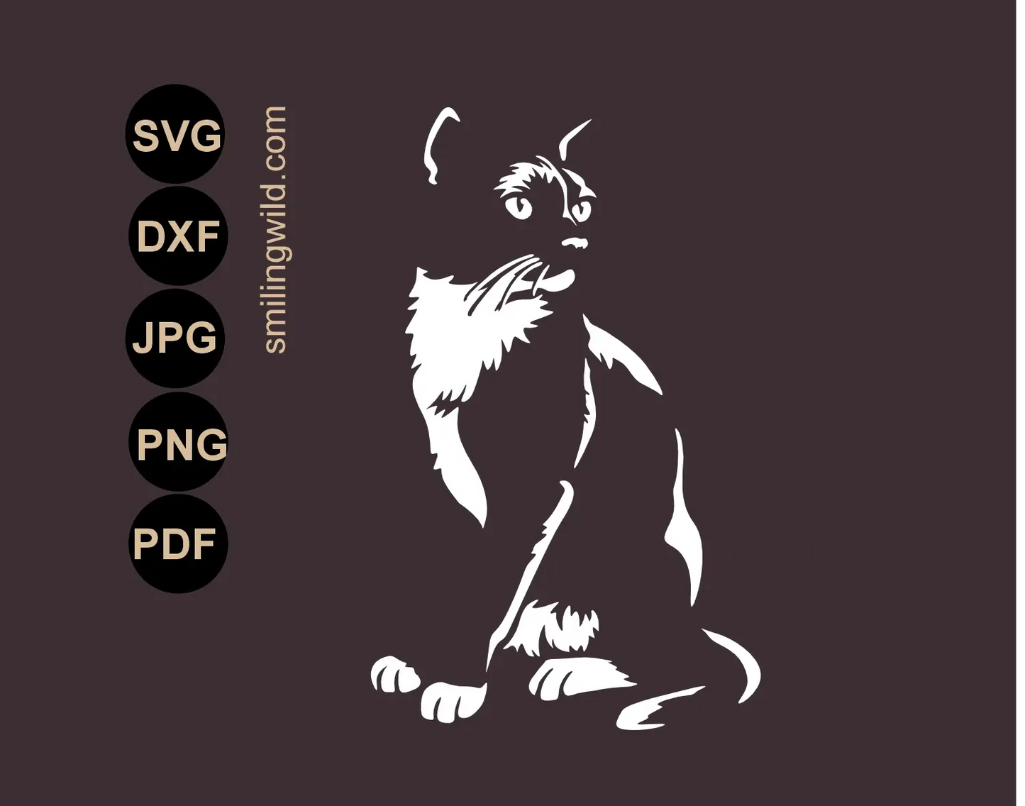 A sitting full body Black and white cat svg png and dxf white laser cnc cutting file presenting a full body sitting tuxedo cat rendered as a crisp white graphic for a dark slate surface 