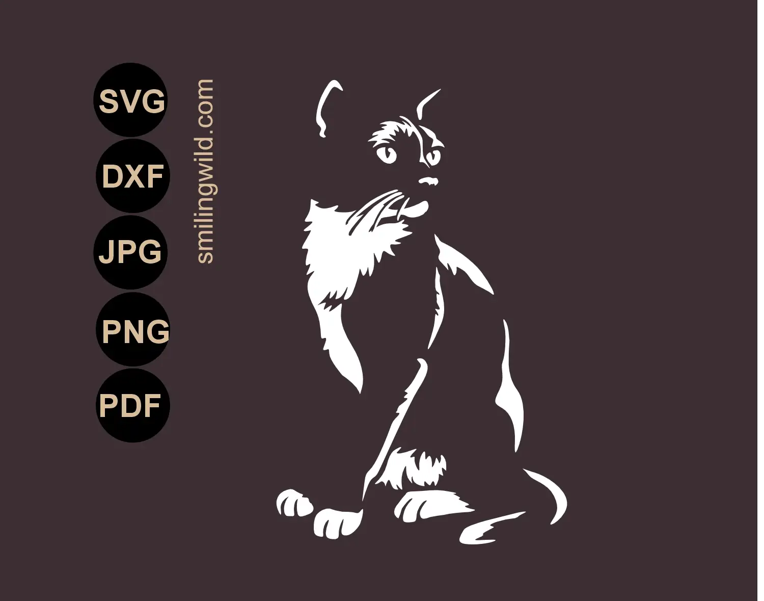 A sitting full body Black and white cat svg png and dxf white laser cnc cutting file presenting a full body sitting tuxedo cat rendered as a crisp white graphic for a dark slate surface 