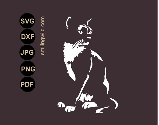 A sitting full body Black and white cat svg png and dxf white laser cnc cutting file presenting a full body sitting tuxedo cat rendered as a crisp white graphic for a dark slate surface 