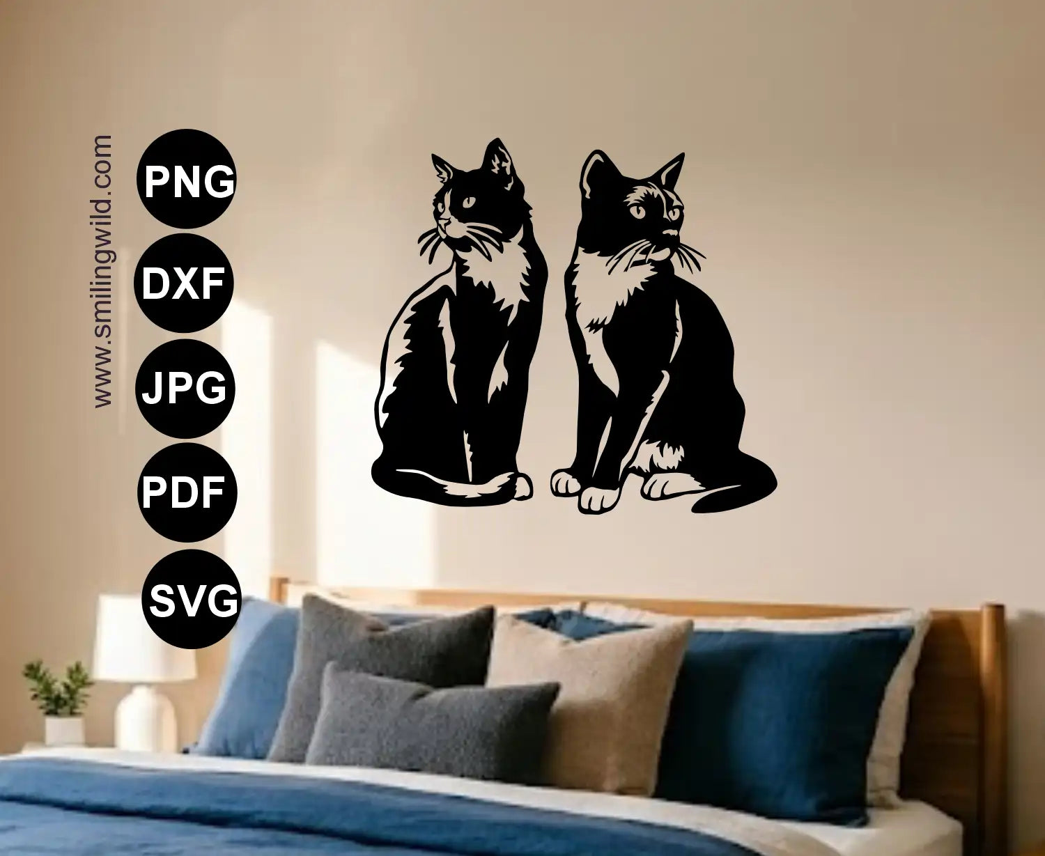 Black and white cat silhouette wall decal shown above a bed in a bedroom setting, with file-format labels (PNG, DXF, JPG, PDF, SVG) and a website watermark along the left side.