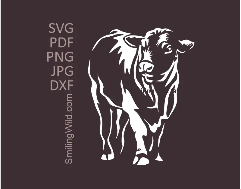 Black Angus Bull White Vector Art in SVG and other vector clipart showing a Farm animal clipart graphic image. Optimized for dark fabric and Cricut cutting