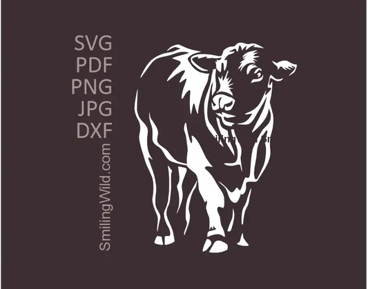 Black Angus Bull White Vector Art in SVG and other vector clipart showing a Farm animal clipart graphic image. Optimized for dark fabric and Cricut cutting