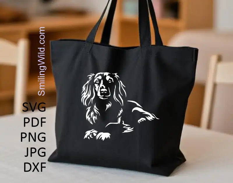 Preview of the black Dachshund svg, PNG DXF formats, showing clean lines for laser engraving and cricut cutting crafts.