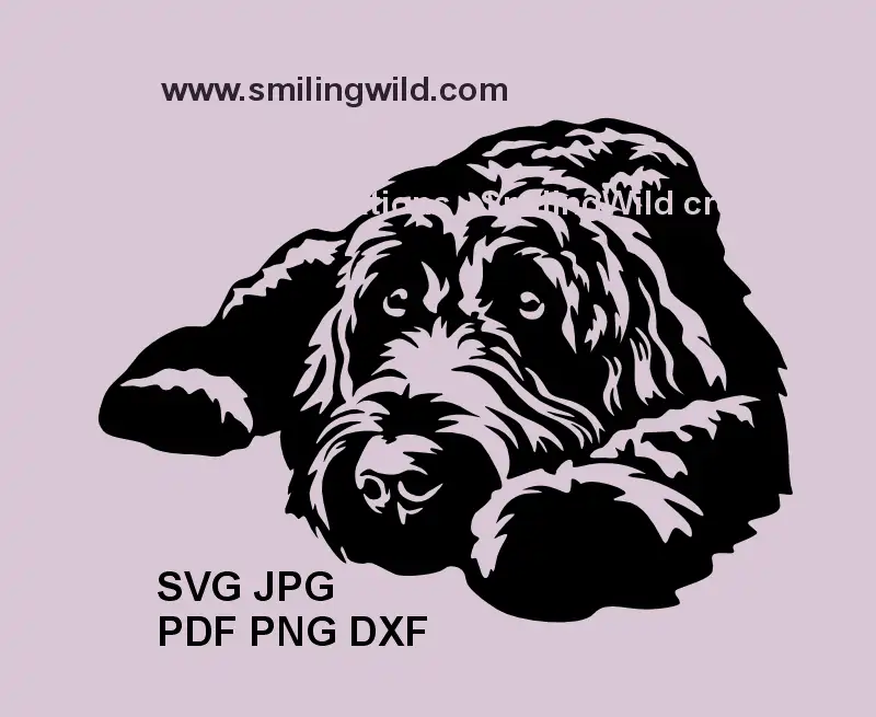 Realistic black Labradoodle SVG of a lying dog – perfect for Cricut and laser cutting projects.